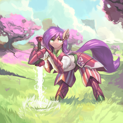 Size: 3000x3000 | Tagged: safe, artist:nsilverdraws, derpibooru import, oc, oc only, oc:crystal tinder, earth pony, pony, armor, armored pony, cherry blossoms, day, detailed background, ear piercing, earth pony oc, female, flower, flower blossom, grass, grass field, guardsmare, high res, mare, outdoors, parent:oc:harmony, parent:oc:rose tinder, piercing, royal guard, solo, sword, weapon