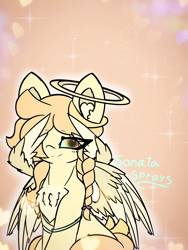 Size: 4096x5461 | Tagged: safe, artist:sodapop sprays, derpibooru import, oc, oc only, oc:sonata sprays, angel, pony, seraph, bracelet, braid, chest fluff, ear fluff, ears, folded wings, freckles, hair over one eye, halo, jewelry, looking at you, multiple wings, solo, spread wings, wings, wings down, wings over one eye