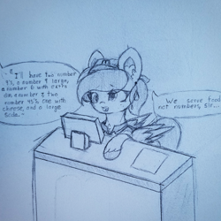 Size: 1496x1496 | Tagged: safe, artist:sodapop sprays, derpibooru import, derpy hooves, pegasus, pony, g4, cash register, freckles, hat, mcdonald's, solo, traditional art, worried