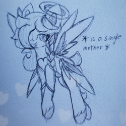 Size: 1946x1946 | Tagged: safe, artist:sodapop sprays, derpibooru import, oc, oc only, oc:sonata sprays, angel, pony, seraph, chest fluff, ear fluff, ears, freckles, hair over one eye, halo, multiple wings, solo, traditional art, unshorn fetlocks, wings