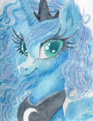 Size: 2550x3300 | Tagged: safe, artist:buttercupsaiyan, derpibooru import, princess luna, pony, g4, anime, bust, lacrimal caruncle, painterly, painting, scanned, solo, traditional art, watercolor painting