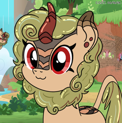 Size: 1980x1986 | Tagged: safe, alternate version, artist:codenamekid, derpibooru import, oc, oc only, oc:matcha dreams, kirin, nirik, :3, :<, cute, highlights, horn, kirin grove, kirin oc, looking at someone, looking at you, mural, scales, smol, solo, text, textless, textless version, tree, water, waterfall