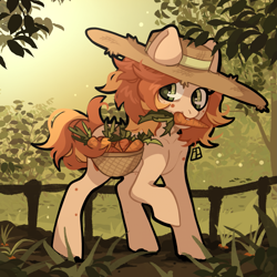 Size: 1919x1919 | Tagged: safe, artist:harald_horfager, derpibooru import, oc, oc only, earth pony, pony, basket, carrot, farm, food, hat, mouth hold, raised hoof, raised leg, solo, straw hat