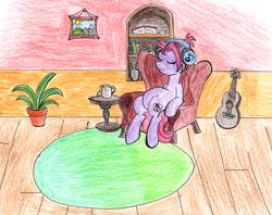 Size: 1450x1147 | Tagged: safe, artist:fleximusprime, derpibooru import, oc, oc only, earth pony, atg 2024, earth pony oc, female, guitar, mare, musical instrument, newbie artist training grounds, relaxing, solo