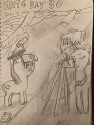 Size: 3024x4032 | Tagged: safe, artist:goldenmidnight, derpibooru import, princess celestia, twilight sparkle, g4, book, camera, camera flashes, colored pencil drawing, female, filly, filly twilight sparkle, foal, irl, monochrome, newbie artist training grounds, open door, paper, photo, signature, spotlight, traditional art, younger