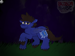 Size: 2160x1620 | Tagged: safe, artist:blossomeclipse, derpibooru import, oc, oc only, oc:dante, oc:dante (blossom eclipse), pegasus, pony, blue fur, forest, grass, moon, nature, outdoors, pegasus oc, solo, tree, unshorn fetlocks, watermark