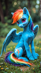 Size: 1440x2560 | Tagged: safe, ai content, derpibooru import, machine learning generated, rainbow dash, pegasus, pony, g4, bokeh, generator:midkemia v10, prompter:scarlet ribbon, spread wings, wings