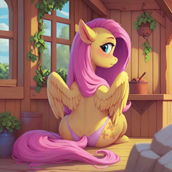 Size: 2844x2844 | Tagged: source needed, safe, ai content, derpibooru import, generator:pony diffusion v6 xl, generator:stable diffusion, machine learning assisted, machine learning generated, fluttershy, pegasus, pony, g4, back, blushing, butt, clothes, female, looking at you, looking back, looking back at you, mare, panties, partially open wings, plot, potted plant, prompter:tayblossom, rear view, sitting, sitting on floor, solo, underwear, wings