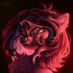 Size: 3000x3000 | Tagged: safe, artist:unt3n, derpibooru import, oc, oc only, earth pony, pony, bust, chest fluff, fangs, gradient background, green eyes, portrait, red eyes, red light, solo