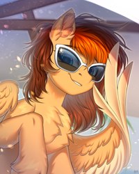 Size: 2500x3125 | Tagged: safe, artist:hakaina, derpibooru import, oc, oc only, oc:aerion featherquill, pegasus, pony, chest fluff, commission, ear fluff, ears, female, grin, looking at you, mare, smiling, solo, sunglasses, wing hands, wings, ych result