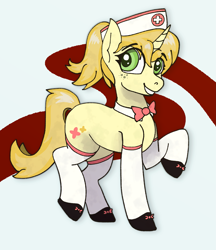 Size: 3593x4164 | Tagged: safe, artist:owslafa, derpibooru import, oc, oc:nurse goldenheart, unicorn, clothes, freckles, green eyes, hat, horn, nurse, nurse hat, simple background, smiling, stockings, thigh highs, yellow coat, yellow mane