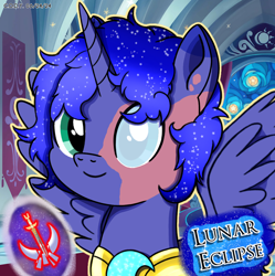 Size: 1980x1986 | Tagged: safe, artist:codenamekid, derpibooru import, oc, oc only, oc:prince lunar c. eclipse, alicorn, pony, armor, blind eye, burn marks, canterlot throne room, gradient mane, looking at you, male, male oc, moon, mural, shading, shattered moon, smiling, smiling at you, solo, sparkles, spread wings, stallion, stallion oc, stars, sword, tapestry, text, weapon, wings