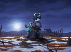 Size: 2905x2153 | Tagged: safe, artist:dipfanken, derpibooru import, oc, oc only, cyborg, pony, fallout equestria, armor, gun, magic, moon, night, power armor, rifle, scenery, solo, telekinesis, wasteland, weapon