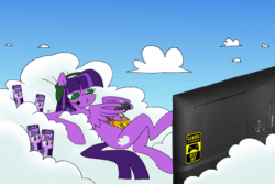 Size: 1675x1122 | Tagged: safe, artist:koidial, derpibooru import, twilight sparkle, oc, oc:cloudy skies, pegasus, pony, g4, animated, artfight, blinking, can, chest fluff, chewing, chip bag, chips, cloud, controller, day, drink, eating, eyelashes, feather fingers, female, flatscreen, food, frame by frame, gaming, gaming headset, gif, gift art, green eyes, headphones, headset, herbivore, lidded eyes, looking at something, lying down, lying on a cloud, mare, microphone, no pupils, on a cloud, on back, outdoors, pegasus oc, purple coat, purple mane, purple tail, signature, sitting, sitting on cloud, sky background, slow blink, soda, soda can, solo, squigglevision, straight mane, straight tail, tail, television, thin, thin legs, two toned mane, wing hands, wings