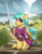 Size: 2482x3155 | Tagged: safe, artist:helmie-art, derpibooru import, oc, oc only, oc:karoline skies, earth pony, pony, cloak, clothes, ear fluff, ears, earth pony oc, female, looking at you, mare, scenery, sitting, smiling, smiling at you, solo, sword, weapon