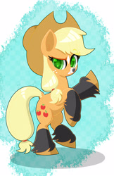 Size: 2200x3400 | Tagged: safe, artist:scandianon, derpibooru import, applejack, earth pony, pony, g4, bipedal, coat markings, facial markings, feathered fetlocks, female, looking at you, mare, raised hoof, raised leg, rearing, redesign, smiling, smiling at you, socks (coat marking), solo, unshorn fetlocks