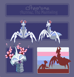 Size: 5000x5214 | Tagged: safe, artist:minty--fresh, derpibooru import, oc, oc only, oc:atennae, changeling, mantis, monster pony, blue changeling, changeling oc, forked tongue, mandibles, mantisling, mawshot, multiple limbs, open mouth, proboscis, reference sheet, size comparison