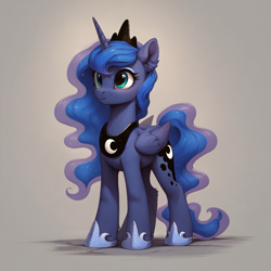 Size: 2048x2048 | Tagged: safe, ai content, derpibooru import, generator:stable diffusion, machine learning generated, princess luna, alicorn, pony, g4, crown, cute, ear fluff, ears, folded wings, generator:autismmix pony, horn, jewelry, lunabetes, prompter:liladash, regalia, simple background, solo, standing, wings