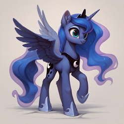 Size: 2048x2048 | Tagged: safe, ai content, derpibooru import, generator:stable diffusion, machine learning generated, princess luna, alicorn, pony, g4, crown, cute, ear fluff, ears, folded wings, generator:autismmix pony, horn, jewelry, lunabetes, prompter:liladash, regalia, simple background, solo, standing, wing fluff, wings