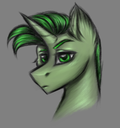 Size: 2250x2400 | Tagged: safe, artist:darklight1315, derpibooru import, oc, oc only, oc:absinthe, pony, unicorn, fallout equestria, fallout equestria: mayday, gray background, green eyes, horn, simple background, solo