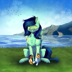 Size: 3000x3000 | Tagged: safe, artist:lunciakkk, derpibooru import, oc, oc only, oc:laniakea, artfight, cheek fluff, chest fluff, detailed background, doll, ear fluff, ears, eyes closed, gift art, grass, mountain, ocean, outdoors, smiling, solo, toy, water