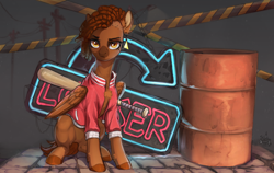 Size: 1536x968 | Tagged: safe, artist:kirby_orange, derpibooru import, oc, oc only, pegasus, pony, barrel, baseball bat, bomber jacket, brown mane, clothes, digital art, dreadlocks, ear fluff, ear piercing, ears, female, jacket, jewelry, neon, neon sign, pegasus oc, piercing, short hair, sign, simple background, sitting, solo, tail, wings