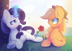 Size: 3000x2150 | Tagged: safe, artist:miryelis, derpibooru import, applejack, rarity, earth pony, pony, unicorn, g4, big ears, blushing, duo, duo female, ears, female, flower, full body, horn, lesbian, magic, mare, rarijack, rose, shipping