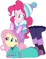 Size: 1966x2520 | Tagged: safe, derpibooru import, edit, edited screencap, editor:homersimpson1983, screencap, fluttershy, pinkie pie, human, equestria girls, g4, background removed, boots, clothes, duo, duo female, female, hat, not a vector, shoes, simple background, transparent background, winter coat, winter hat, winter outfit