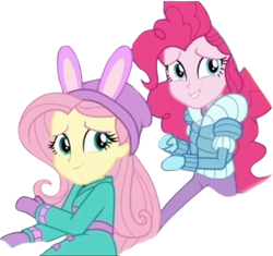 Size: 2676x2520 | Tagged: safe, derpibooru import, edit, edited screencap, editor:homersimpson1983, screencap, fluttershy, pinkie pie, human, equestria girls, g4, background removed, clothes, duo, duo female, female, hat, not a vector, simple background, transparent background, winter outfit