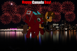 Size: 5184x3456 | Tagged: safe, artist:rogan140, derpibooru import, oc, oc only, oc:ej, oc:rogan, canada, canada day, canadian, canadian flag, city, duo, fireworks, male, reflection, water