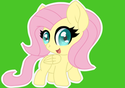 Size: 2283x1614 | Tagged: safe, artist:jmuniz, derpibooru import, fluttershy, pegasus, pony, g4, chibi, cute, female, green background, happy, looking at you, mare, open mouth, open smile, outline, shyabetes, simple background, smiling, solo, sticker