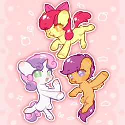 Size: 2880x2879 | Tagged: safe, artist:awei1561, derpibooru import, apple bloom, scootaloo, sweetie belle, earth pony, pegasus, pony, unicorn, g4, apple, candy, cloud, cutie mark crusaders, female, filly, foal, food, horn, lollipop, open mouth, outline, pink background, simple background, smiling, sparkles, white outline