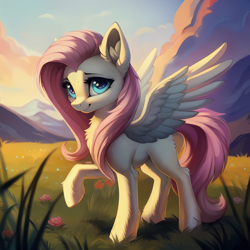 Size: 3072x3072 | Tagged: safe, ai content, derpibooru import, generator:stable diffusion, machine learning generated, fluttershy, pegasus, pony, g4, chest fluff, ear fluff, ears, female, fluffy, looking at you, mare, nature, outdoors, prompter:seashell, smiling, smiling at you, solo, spread wings, wings