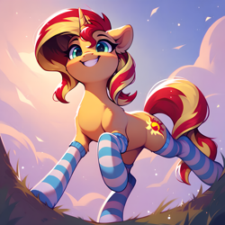 Size: 2048x2048 | Tagged: safe, ai content, derpibooru import, generator:pony diffusion v6 xl, generator:stable diffusion, machine learning generated, sunset shimmer, pony, unicorn, g4, anonymous prompter, clothes, female, horn, low angle, mare, smiling, socks, solo, striped socks