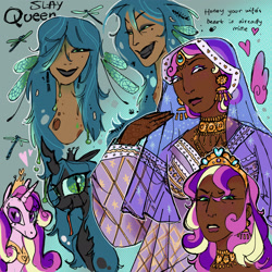 Size: 2048x2048 | Tagged: safe, artist:regenko, derpibooru import, princess cadance, queen chrysalis, alicorn, changeling, changeling queen, dragonfly, human, insect, g4, dark skin, duo, duo female, female, gradient background, heart, heart eyes, humanized, infidelity, lesbian, ship:cadalis, shipping, tan skin, wingding eyes