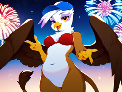 Size: 4096x3072 | Tagged: safe, ai content, derpibooru import, generator:pony diffusion v6 xl, generator:purplesmart.ai, generator:stable diffusion, machine learning generated, gilda, anthro, griffon, g4, 4th of july, belly, belly button, bottomless, bra, clothes, cute, featureless crotch, female, fireworks, gildadorable, hat, hind legs, holiday, looking at you, nudity, pale belly, partial nudity, pose, prompter:rupert, smiling, solo, underwear, united states, white belly