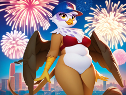 Size: 4096x3072 | Tagged: safe, ai content, derpibooru import, generator:pony diffusion v6 xl, generator:purplesmart.ai, generator:stable diffusion, machine learning generated, gilda, anthro, griffon, g4, 4th of july, belly, belly button, bottomless, bra, chubby, clothes, cute, fat, featureless crotch, female, fireworks, gildadorable, gildough, hat, holiday, looking at you, nudity, pale belly, partial nudity, plump, pose, prompter:rupert, smiling, solo, underwear, united states, white belly