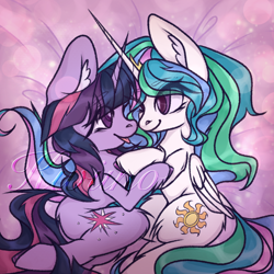 Size: 2048x2048 | Tagged: safe, artist:1111kwiinoooooo48, artist:海葵爆改海盐鸟, derpibooru import, princess celestia, twilight sparkle, unicorn twilight, alicorn, pony, unicorn, g4, :p, anatomically incorrect, boop, crown, duo, duo female, ear fluff, ears, eye clipping through hair, eye contact, eyebrows, eyebrows visible through hair, female, folded wings, high res, horn, horns are touching, incorrect leg anatomy, jewelry, lesbian, long horn, looking at each other, looking at someone, mare, noseboop, regalia, shipping, smiling, smiling at each other, tail, tongue, tongue out, twilestia, wings