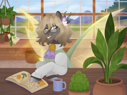 Size: 4000x3000 | Tagged: safe, artist:kabuvee, derpibooru import, oc, oc only, changepony, hybrid, pony, book, clothes, flower, flower in hair, glasses, plant, plant pot, potted plant, shirt, solo, window