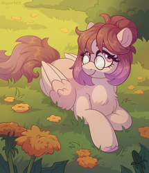 Size: 1862x2162 | Tagged: safe, artist:skysorbett, derpibooru import, oc, oc only, oc:melri tea, pegasus, pony, bush, dandelion, female, flower, folded wings, glasses, gradient mane, grass, looking at you, mare, nature, outdoors, pegasus oc, smiling, smiling at you, solo, wings