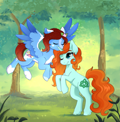 Size: 1773x1800 | Tagged: safe, artist:thenornonthego, derpibooru import, oc, oc only, oc:crann taca, oc:itsey bitsey, pegasus, pony, unicorn, duo, eyes closed, flying, forehead kiss, forest, horn, kissing, nature, one eye closed, rearing, tree