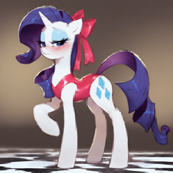 Size: 1632x1632 | Tagged: safe, ai content, derpibooru exclusive, derpibooru import, generator:stable diffusion, machine learning generated, rarity, pony, unicorn, g4, 30 minute art challenge, blushing, bow, clothes, cute, dance floor, female, hair bow, horn, leotard, lidded eyes, looking at you, prompter:button fixer, raised leg, red leotard, seductive, shy, solo, standing, tight clothing