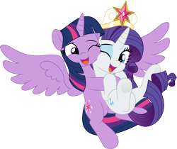 Size: 8000x6708 | Tagged: safe, artist:jhayarr23, artist:twilirity, derpibooru import, rarity, twilight sparkle, twilight sparkle (alicorn), alicorn, pony, unicorn, g4, absurd resolution, big crown thingy, cute, duo, duo female, element of magic, female, happy, holding a pony, horn, hug, jewelry, legs in the air, lesbian, looking at you, magic, mare, open mouth, open smile, raribetes, rarilight, regalia, shipping, simple background, smiling, smiling at you, spread hooves, spread wings, swinging, transparent background, twiabetes, wings