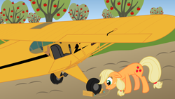 Size: 4000x2250 | Tagged: safe, artist:ifollowroads, derpibooru import, applejack, earth pony, pony, g4, apple, apple tree, female, mare, mouth hold, plane, solo, sweet apple acres, tree, vehicle