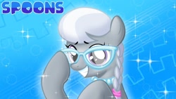 Size: 1280x720 | Tagged: safe, artist:mayhemtown, derpibooru import, silver spoon, earth pony, pony, g4, abstract background, braid, cute, eyebrows, female, filly, foal, glasses, grimdark source, grotesque source, jewelry, looking at you, necklace, pearl necklace, silverbetes, smiling, solo, sparkles, spoons hd, text, things are not like what they seem, this will end in death, this will end in tears, this will end in tears and/or death, title card, youtube thumbnail