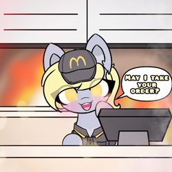 Size: 4096x4096 | Tagged: safe, artist:sodapop sprays, derpibooru import, part of a series, part of a set, derpy hooves, pegasus, pony, series:derpy can't catch a break, g4, blushing, cash register, clothes, cute, derpabetes, ear fluff, ears, fast food, fire, food, hat, mcdonald's, meme, simple background, solo, text, this will not end well, uniform, uniform hat, working