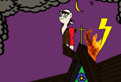 Size: 1877x1276 | Tagged: safe, artist:atomgatherer, derpibooru import, oc, oc only, oc:atom gatherer, earth pony, pony, 1000 hours in ms paint, brown hoodie, cloud, cross, hat, lightning, looking down, moon, no tail, red pants, solo, stars