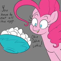 Size: 1155x1155 | Tagged: safe, artist:this_sl0th, derpibooru import, pinkie pie, earth pony, pony, g4, bowl, egg, gray background, okie doki loki, simple background, solo, you have to eat all the eggs