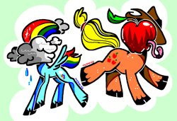 Size: 1280x875 | Tagged: safe, artist:msponies, derpibooru import, applejack, rainbow dash, earth pony, pegasus, pony, worm, g4, apple, applejack's hat, clothes, cloud, cowboy hat, duo, duo female, female, food, hat, object head, rainbow