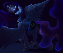 Size: 4500x3800 | Tagged: safe, artist:anastas, derpibooru import, princess luna, alicorn, pony, g4, absurd resolution, blue coat, breasts, butt, cleavage, clothes, constellation, constellation hair, dark background, detailed, detailed hair, ethereal mane, ethereal tail, eyelashes, eyes closed, feathered wings, glowing, glowing horn, horn, jewelry, large wings, magic, plot, purple mane, purple tail, raised hoof, raised leg, redraw, regalia, simple background, solo, spread wings, standing, starry mane, stars, sternocleidomastoid, tail, wings